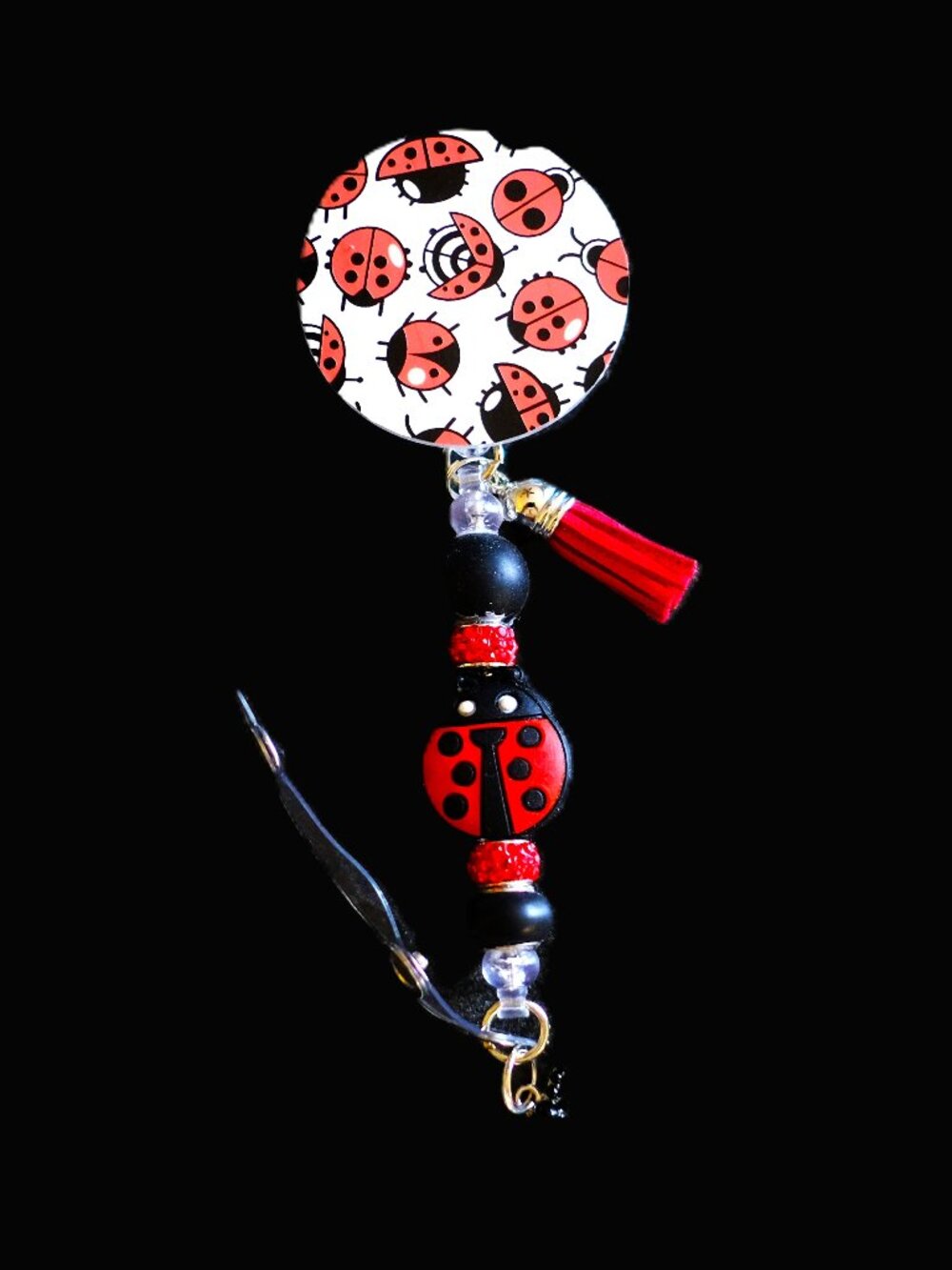 Beaded Badge Reel Ladybug, Handmade, retractable, clip, nurse, teacher, gift, ID